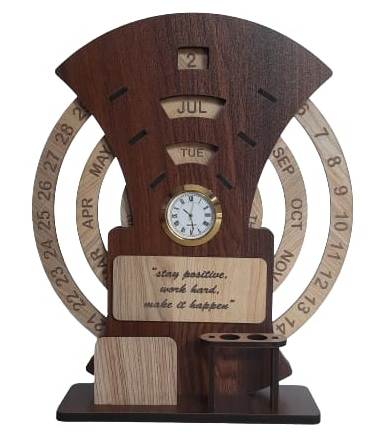 Wooden Calendar with Clock for Lifetime (Brown & Ivory)