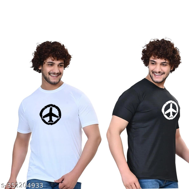 Cotton Blend Round Neck Printed T-Shirt for Men (White & Black, S) (Pack of 2)